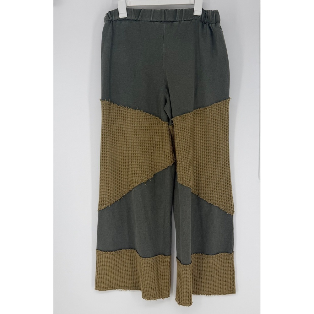 POL Patchwork Pants Women Large Olive Green Waffle Knit Wide Leg Boho Art Cotton - Picture 6 of 6
